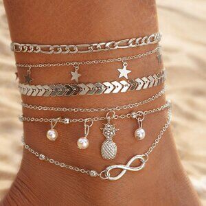 6 PC SET of Silver Summer Tropical Celestial Eternity Theme Chain Anklets - NEW